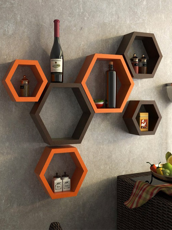 Ezequil Floating Wall Shelf Set of 6 in Orange & Brown Finish - Image 2